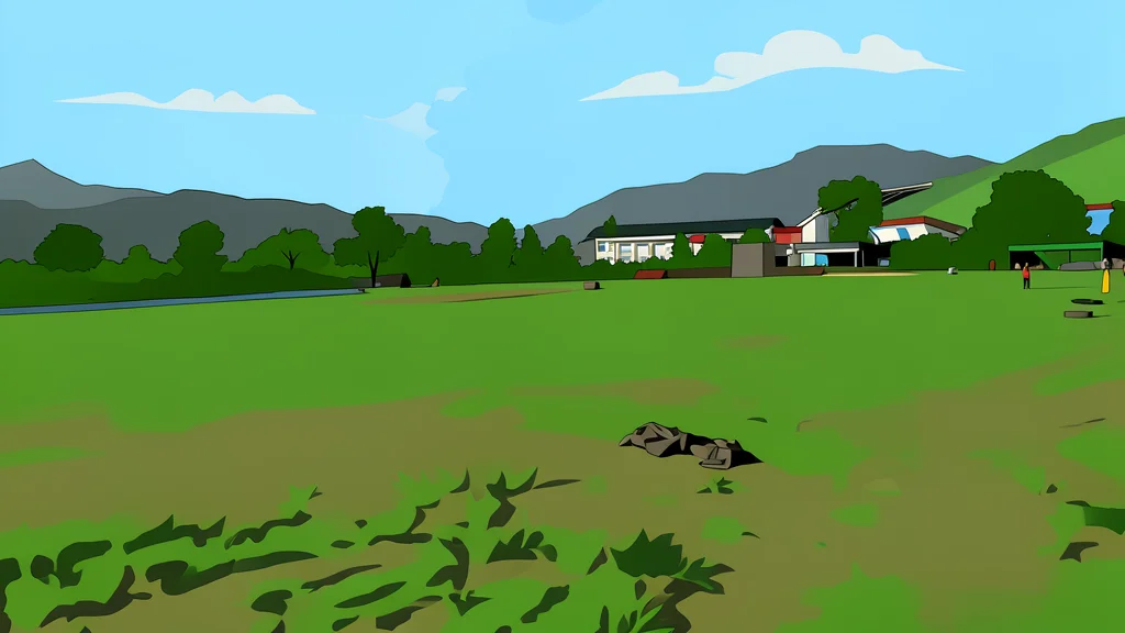 A cricket pitch with stumps and a net in the background
