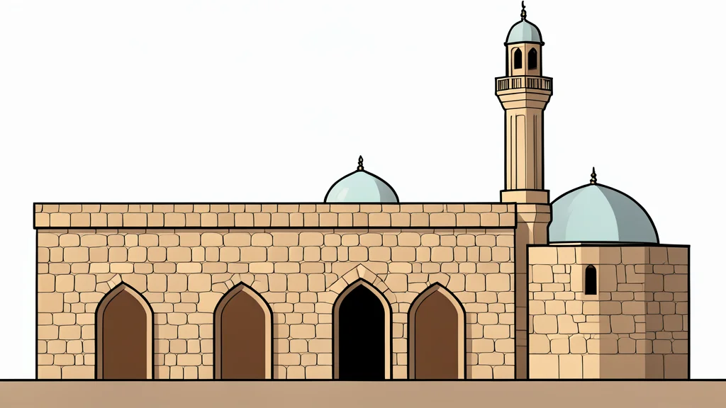 A flat vector illustration of a historic mosque facade with a slender minaret against a clear sky