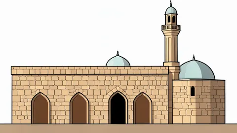 A flat vector illustration of a historic mosque facade with a slender minaret against a clear sky
