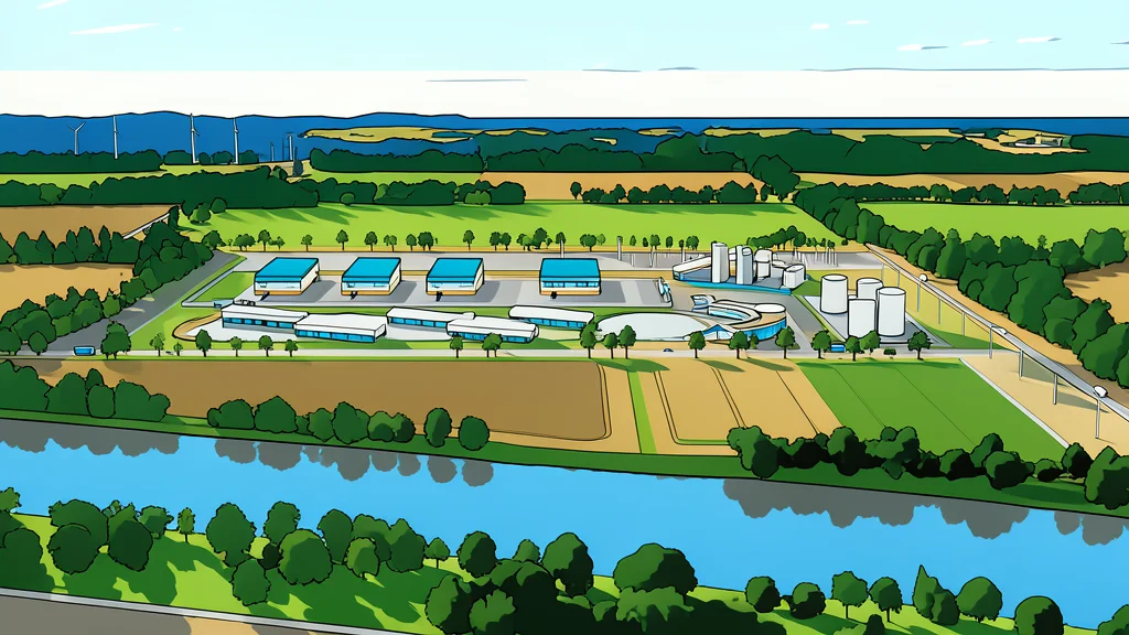 A flat vector illustration of a nuclear cooling tower, reactor building, wind turbine, and solar panels in a landscape.