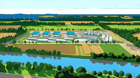 A flat vector illustration of a nuclear cooling tower, reactor building, wind turbine, and solar panels in a landscape.