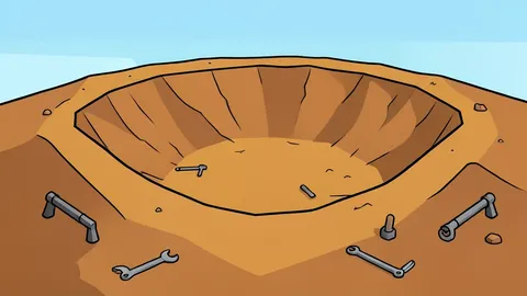 An open-pit gold mine with exposed earth and scattered mining tools