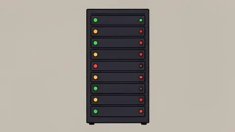 A server rack with blinking status lights