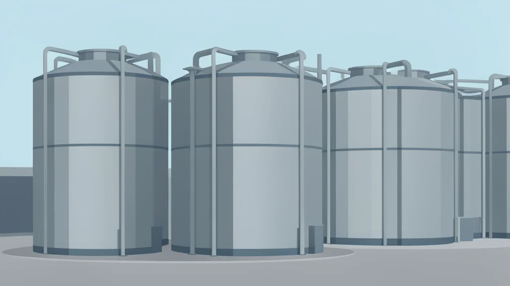 A row of large, cylindrical steel storage tanks standing in an industrial facility