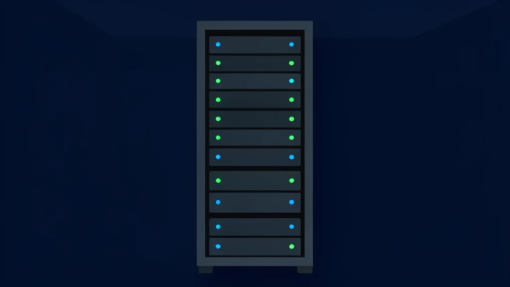 A server rack with blinking status lights in a dark data center