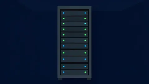 A server rack with blinking status lights in a dark data center