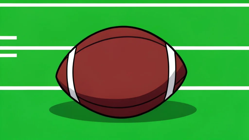 A flat-vector illustration of a green artificial turf field with white yard lines and a football resting on a tee.