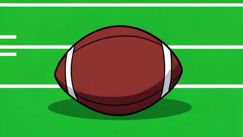 A flat-vector illustration of a green artificial turf field with white yard lines and a football resting on a tee.
