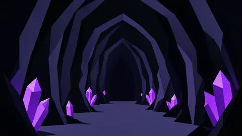 A dark dungeon corridor with jagged rocks and glowing purple crystals
