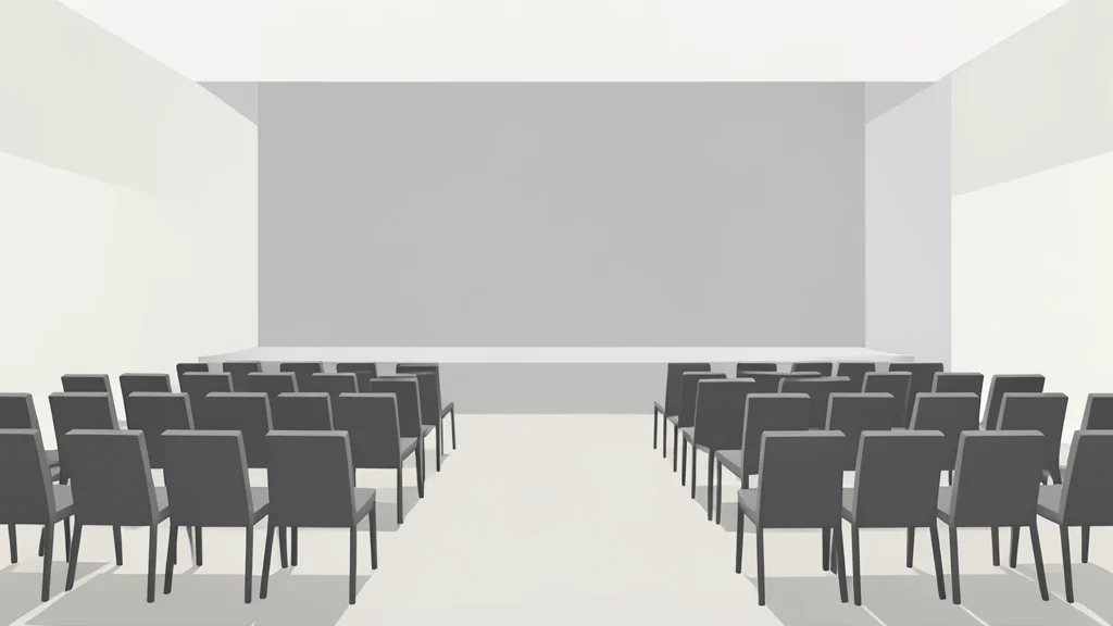 A modern conference hall with rows of empty chairs facing a stage