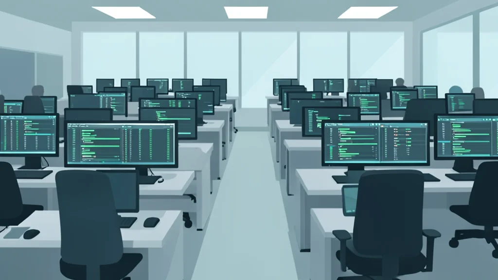 A flat vector illustration of a busy trading floor with rows of desks and multiple computer monitors.