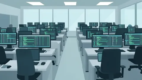 A flat vector illustration of a busy trading floor with rows of desks and multiple computer monitors.