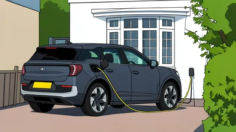 A row of electric vehicles parked at a charging station with cables connected to their ports