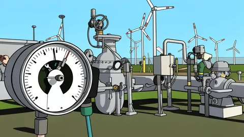 A large cylindrical steel gas storage tank standing in an open field under a clear sky