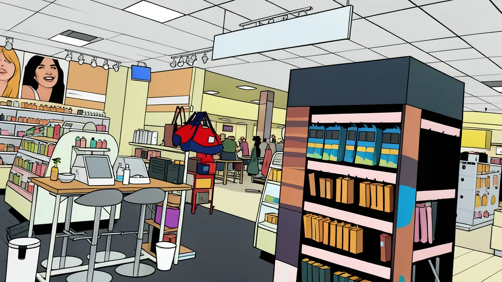 A flat-vector illustration of a department store interior with clothing racks and shelves.