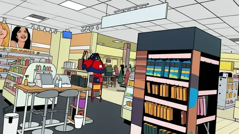 A flat-vector illustration of a department store interior with clothing racks and shelves.