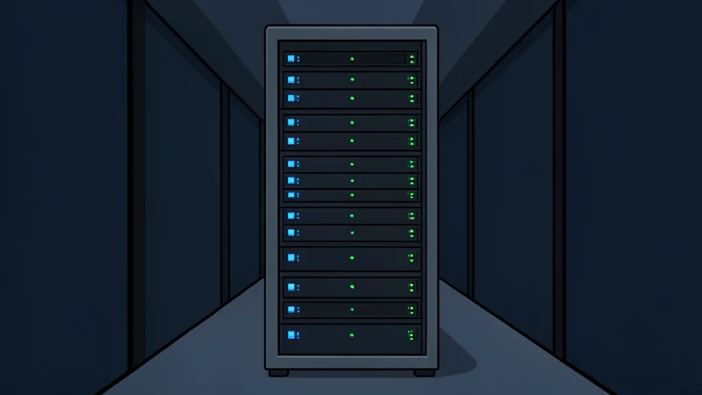 A server rack with blinking status lights in a dimly lit data center aisle