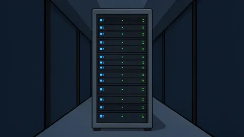 A server rack with blinking status lights in a dimly lit data center aisle