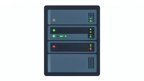 A server rack with blinking status lights in a data center