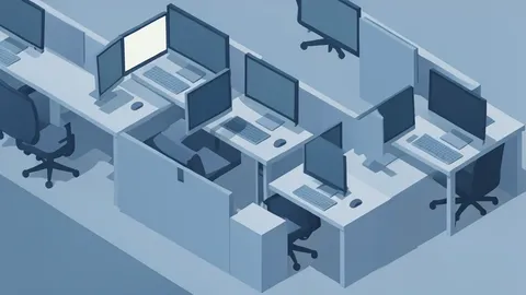 A flat-vector illustration of a trading floor with rows of desks and blank computer monitors.