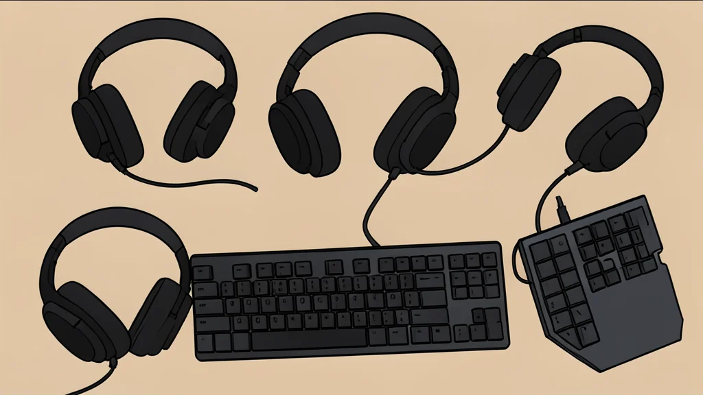 A cluster of gaming headsets and mechanical keyboards arranged on a desk