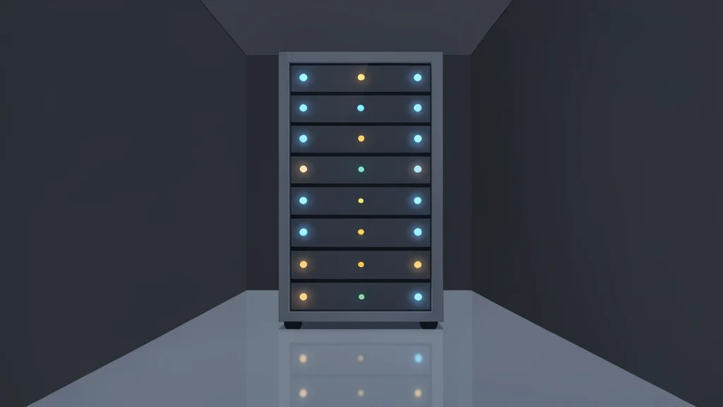 A server rack with blinking status lights in a dimly lit data center aisle