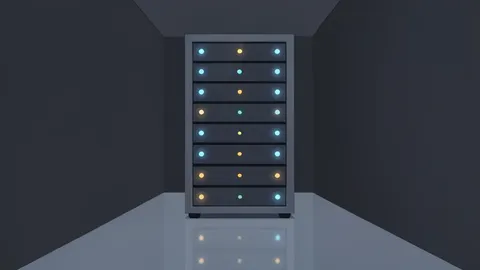 A server rack with blinking status lights in a dimly lit data center aisle