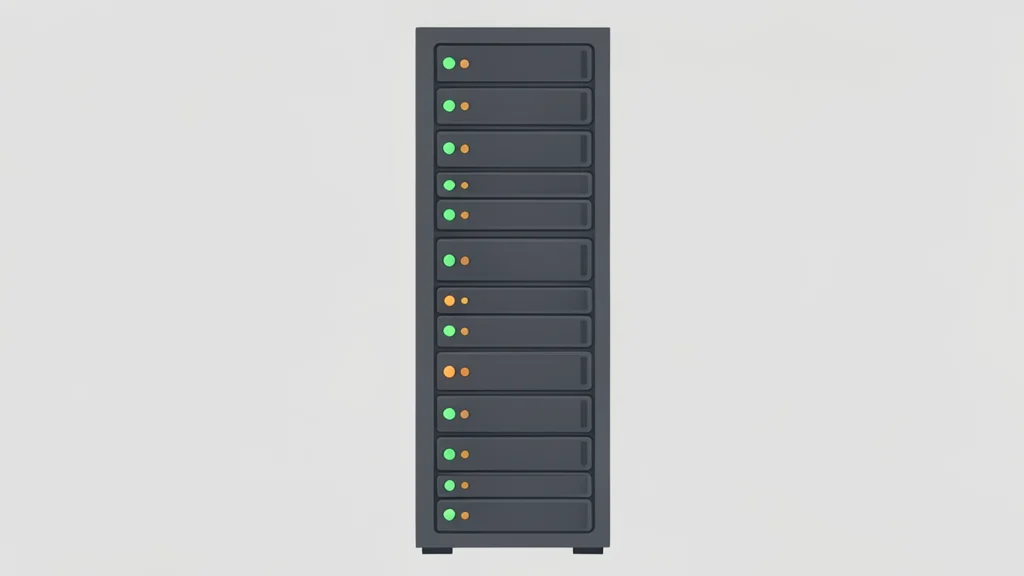 A flat-vector illustration of a server rack with blinking status lights