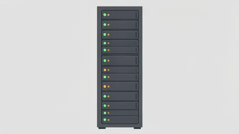 A flat-vector illustration of a server rack with blinking status lights