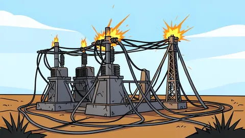 A flat vector illustration of a damaged electrical substation with sparking transformers and tangled cables in a field.