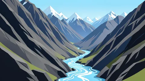 A steep, rocky Himalayan mountainside with a rushing river cutting through a valley