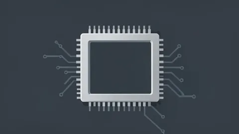 A stylized silicon microprocessor chip resting on a dark surface
