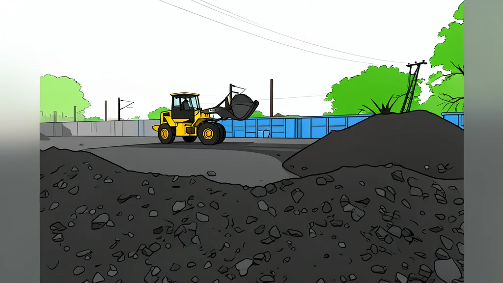 A large pile of black coal in an open-air storage yard next to industrial power plant infrastructure