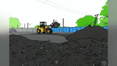 A large pile of black coal in an open-air storage yard next to industrial power plant infrastructure