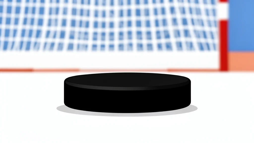 An ice hockey rink with a goal net and a puck resting on the ice surface
