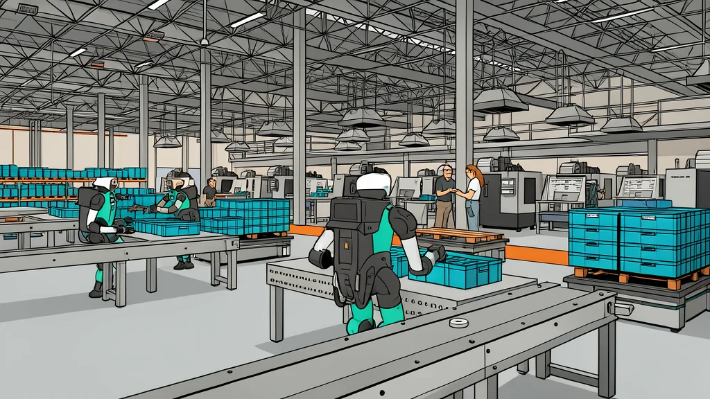 A bipedal humanoid robot standing in a warehouse aisle next to stacked cardboard boxes.