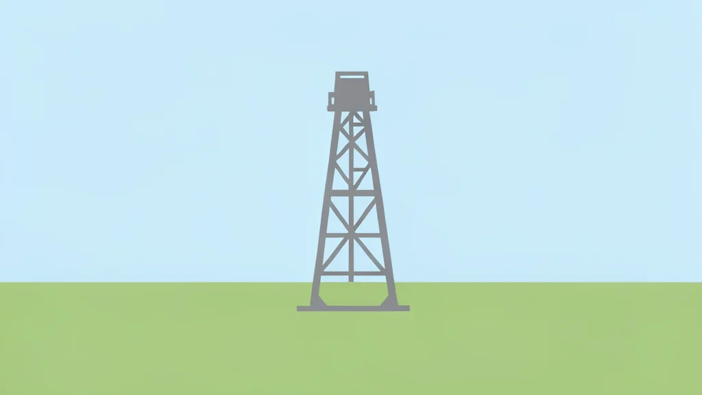 A solitary oil derrick standing in a flat grassy field