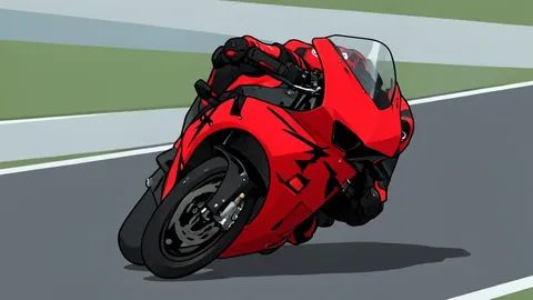 A red and black racing motorcycle leaning sharply into a turn on a paved circuit.