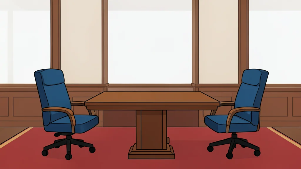 A minimalist vector illustration of a diplomatic meeting room with two chairs facing each other across a table.