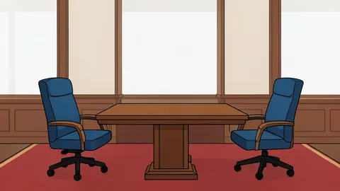 A minimalist vector illustration of a diplomatic meeting room with two chairs facing each other across a table.