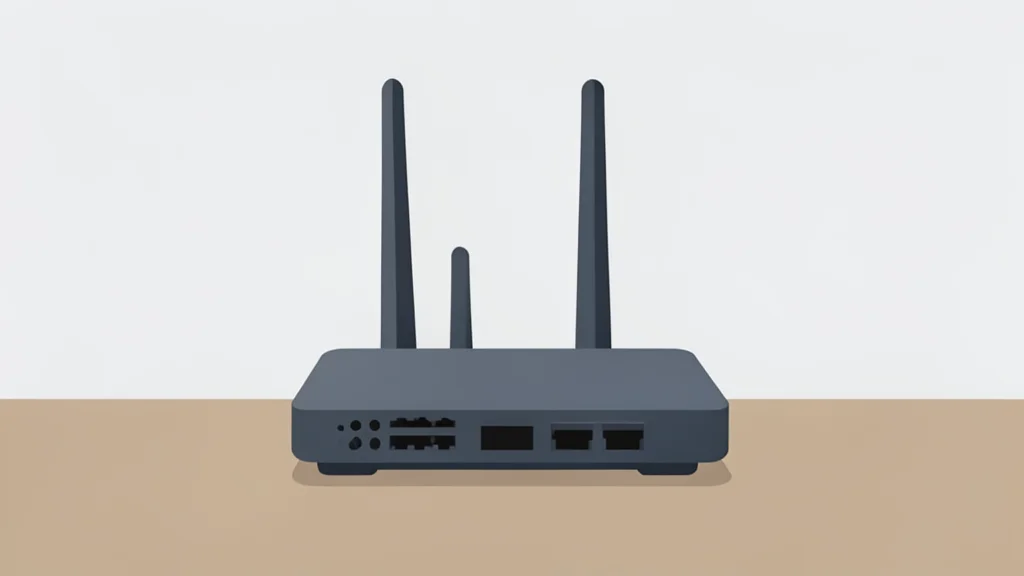 A dual-band wireless router with multiple antennas sitting on a desk
