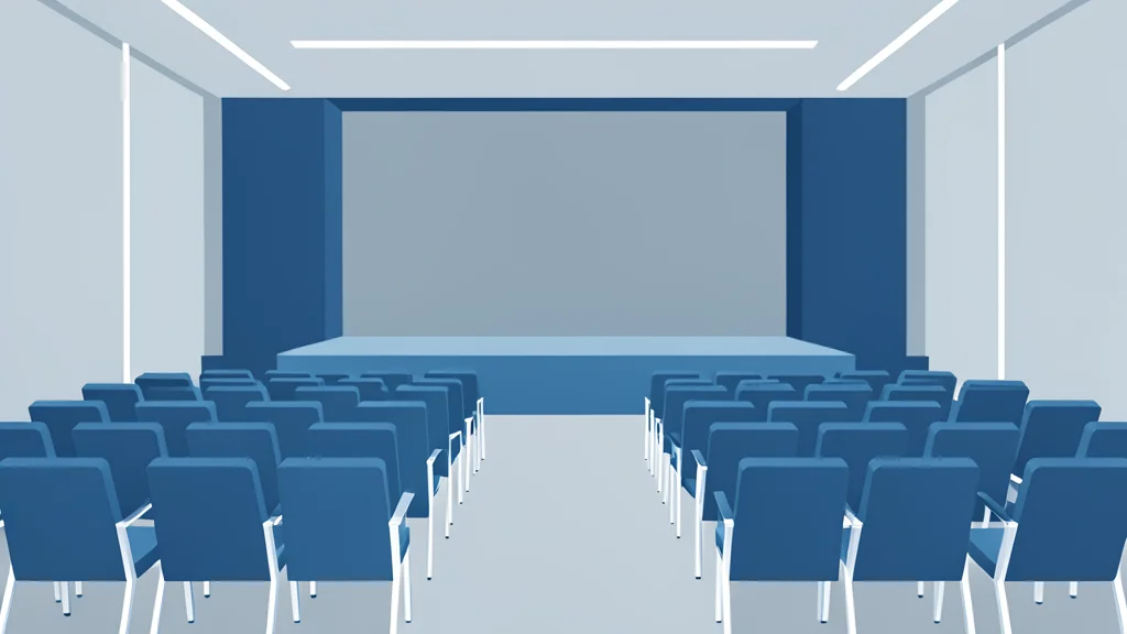 A modern conference hall with rows of empty chairs facing a stage
