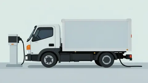 A large electric truck parked at a charging station with a cable connected to its side.