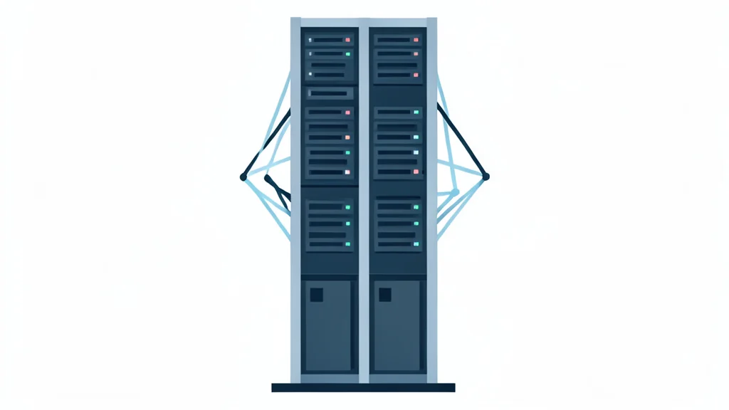 A flat vector illustration of a server rack in a data center with abstract geometric shapes representing network connections.