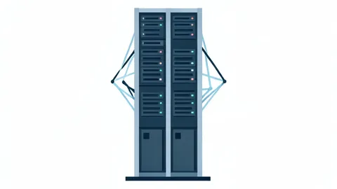 A flat vector illustration of a server rack in a data center with abstract geometric shapes representing network connections.