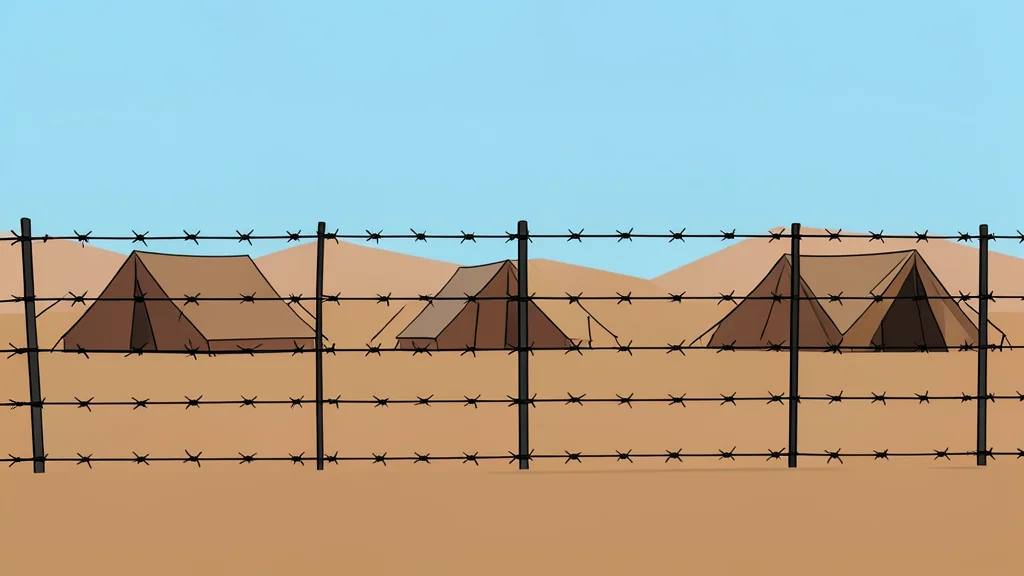 A barbed wire fence surrounding a dusty, barren landscape with simple tents in the background