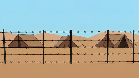 A barbed wire fence surrounding a dusty, barren landscape with simple tents in the background