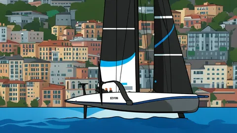 A sleek, high-performance racing yacht with a large wing sail cutting through choppy blue water near a coastal city skyline.