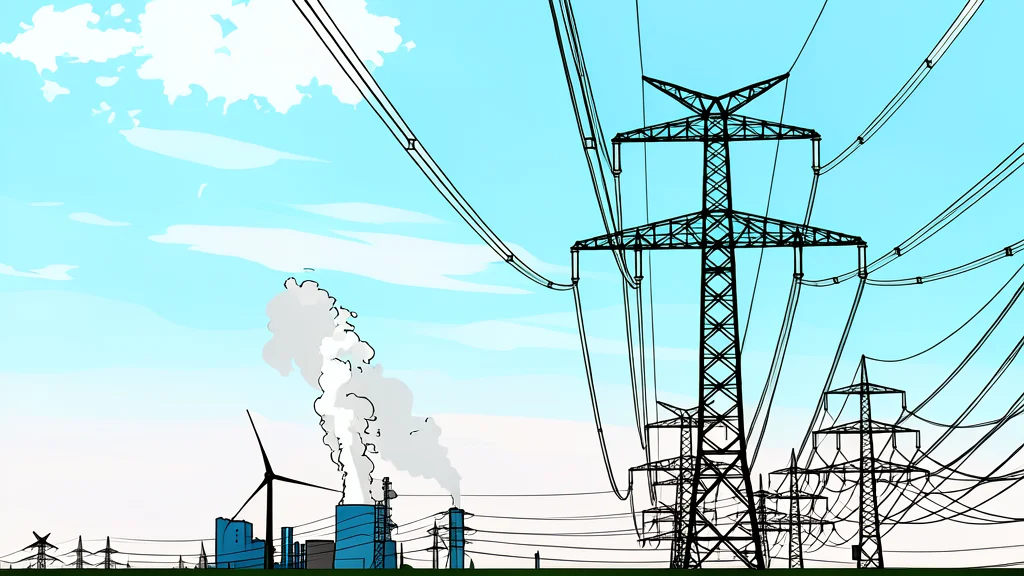 A high-voltage electricity transmission tower with thick cables in a rural landscape