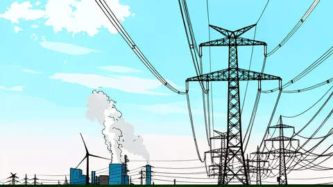 A high-voltage electricity transmission tower with thick cables in a rural landscape